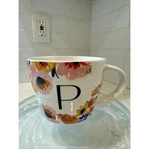 Opal House Mug "P" on White Background with Black Letter Spring Flowers